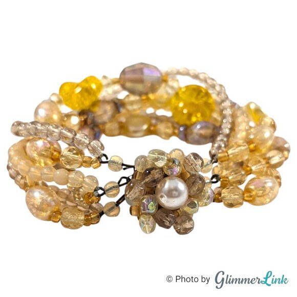 Vintage Germany 6 Strand Beaded Cluster Flower Brass Tone Bracelet - Picture 1 of 10